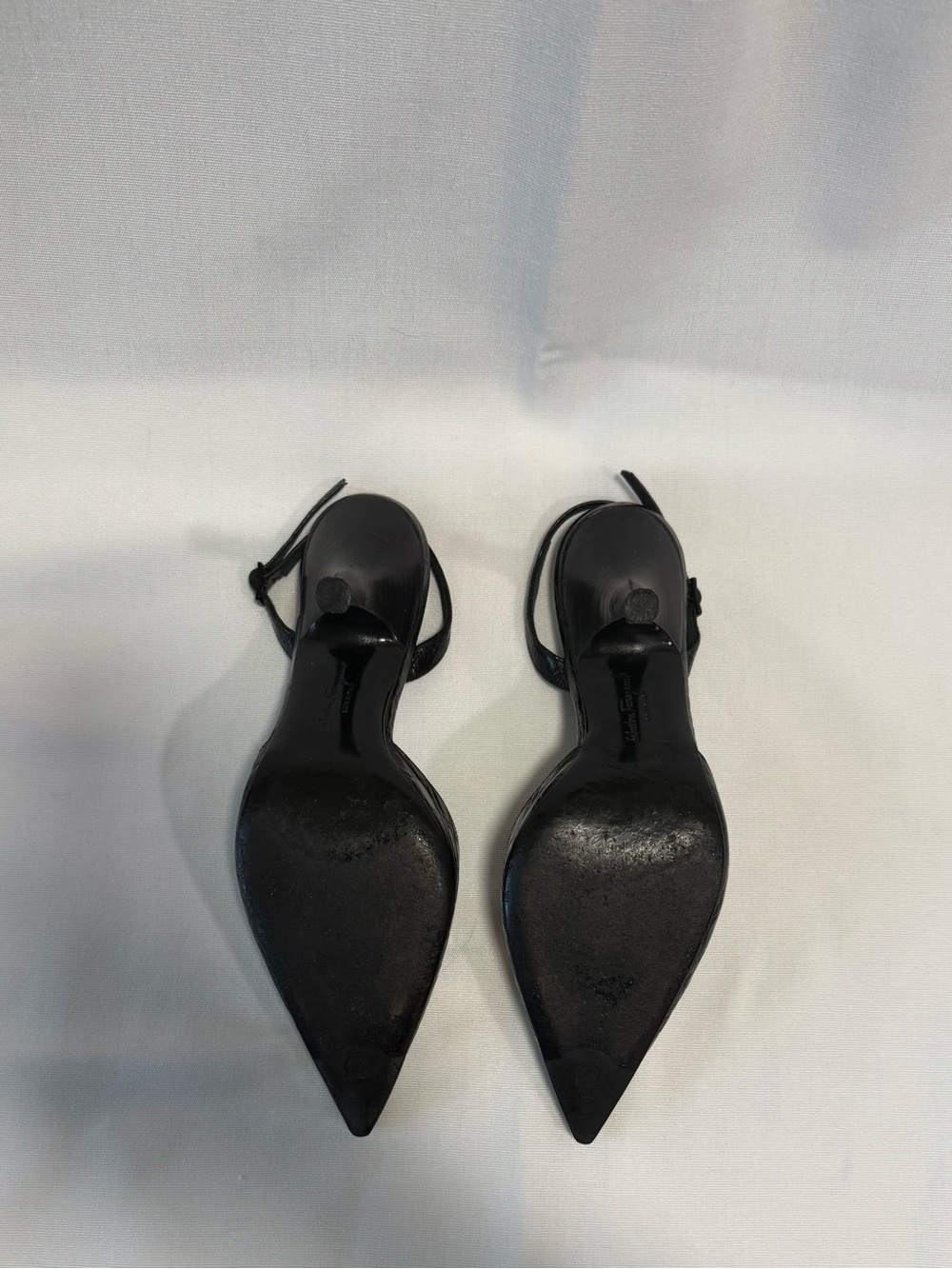 Salvatore Ferragamo Black Croc-Embossed Pointed Slingback Heels - Picture 2 of 5